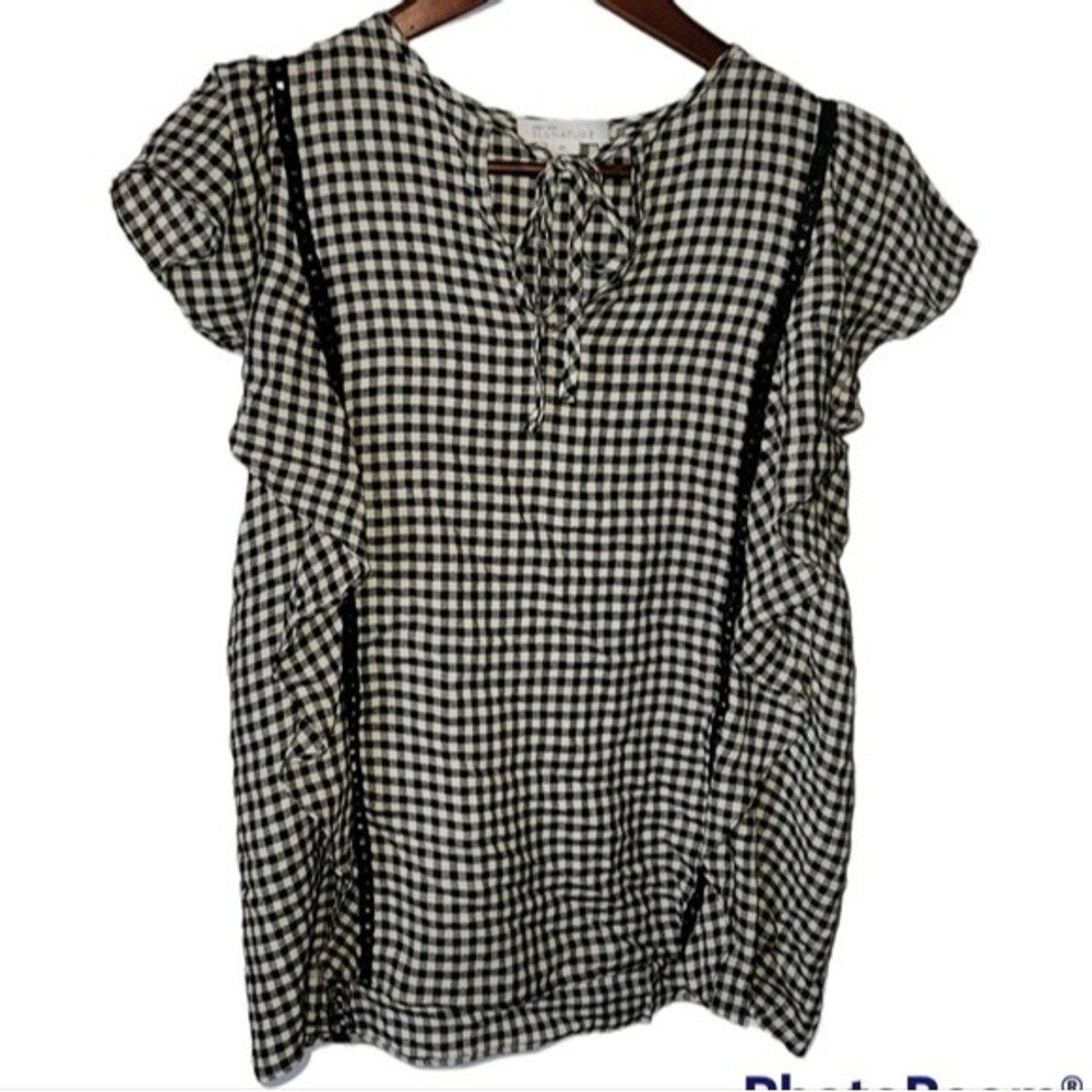 Nordstrom Signature Black White Gingham Flutter Shirt XS Summer Extra Small